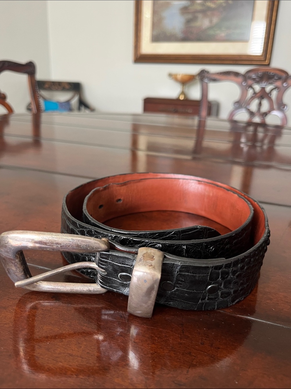 W. Kleinberg Black Croc-Embossed Leather Belt with Brown Interior